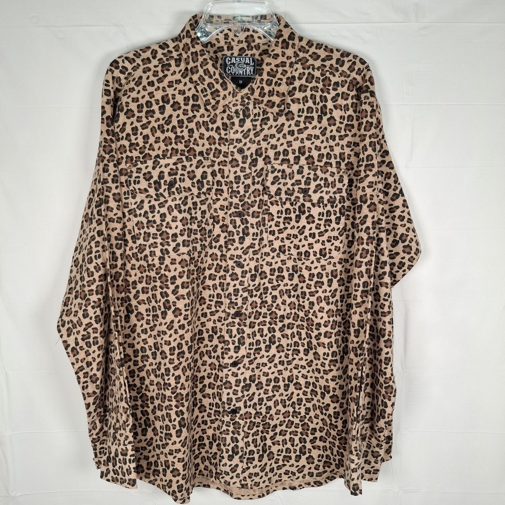 Casual Country Womens Medium Flannel Shirt Leopard Print‎ Long Sleeve Western